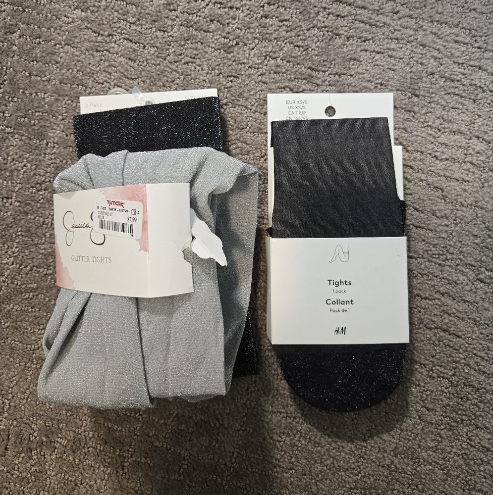 3 Pair Black and Silver Glitter Tights Set